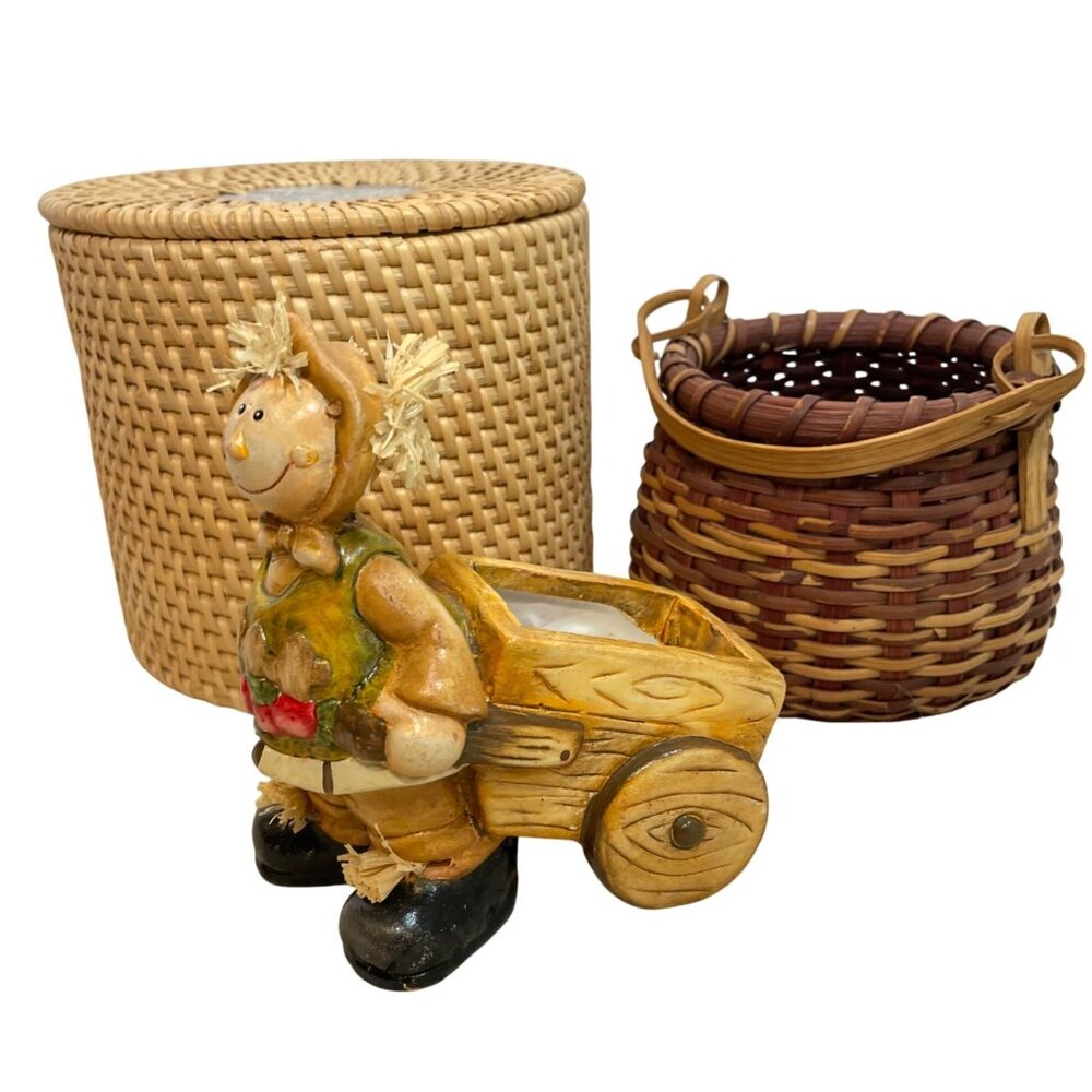 Set Of 2 Rustic Woven Baskets & Scarecrow Planter Figurine with Wagon - Handcraf